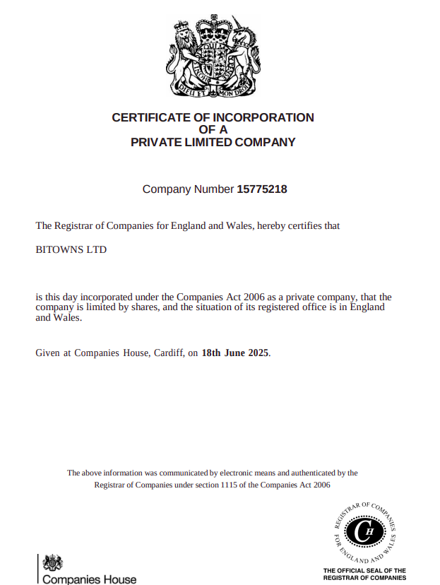Certificate of Incorporation of BITOWNS LTD
